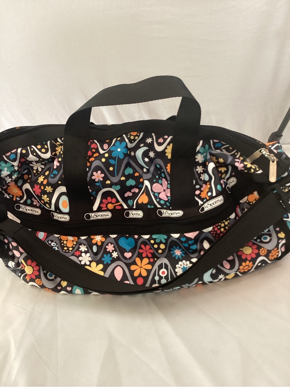 Lesportsac Black Floral Heart Print Travel Duffel, Vacationcore, Fairycore